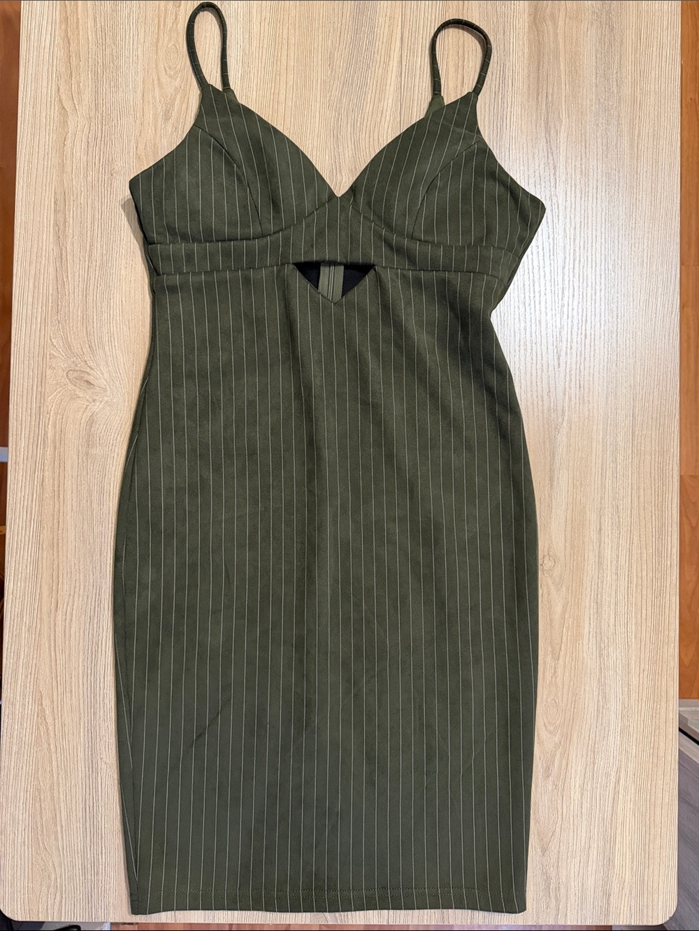 French Kiss Olive Pinstripe Midi Dress